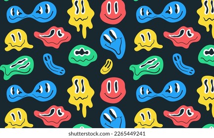 Seamless pattern, distorted psychedelic colorful groovy characters smiley. Funny unreal emoticons faces. Trippy vector design. Cartoon retro print for clothes, fabric, paper, cover, interior decor. 