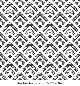 Seamless pattern. Distressed chevrons, checks ornament.Curves, squares backdrop. Folk wallpaper. Angle brackets, diamonds background. Tribal motif. Ethnic mosaic. Digital paper, textile print. Vector.