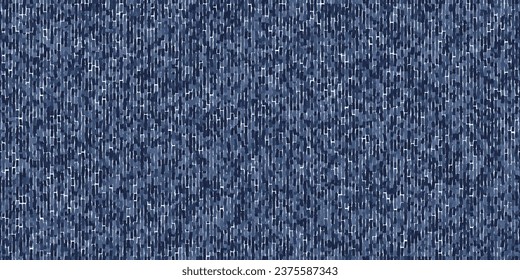 Seamless pattern of distressed indigo denim with vertical threads. Blue textile jeans background with variegated texture. Vector illustration