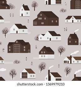 Seamless pattern with district of suburban cottages in Scandinavian style and town dwellers. Backdrop with countryside wooden buildings of ecological architecture. Flat monochrome vector illustration.