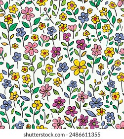 Patrón sin costuras, impresión de flores ditsy. diseño de flores silvestres de la vendimia. patrón floral en Pequeña mano dibuja flores. Estilo Liberty. Fondo floral sin costuras para estampados de moda. Textura de Vector sin costuras. 