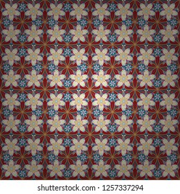 Seamless pattern in ditsy style. Cute vector illustration. Organic motif background in red, blue and beige colors.