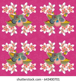 Seamless pattern in ditsy style. Cute vector illustration. Organic motif background in green, violet and pink colors.