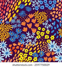 Seamless pattern with ditsy wild meadow flowers. Сolourful cute floral summer background. Can be used for wrapping, textile, print, banner, brochure, label, wallpaper, greeting card