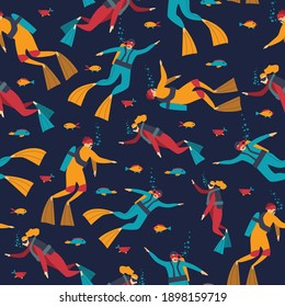 Seamless pattern with divers. Diving. Vector flat illustration on a dark background