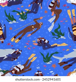 Seamless pattern, divers under water. Scuba diving in sea, repeating print. People in aqualung swimming underwater, endless background for fabric, textile, wrapping design. Flat vector illustration