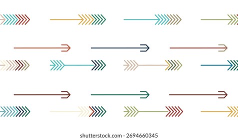 Seamless pattern of diverse colorful arrows pointing to the right on a white background.
