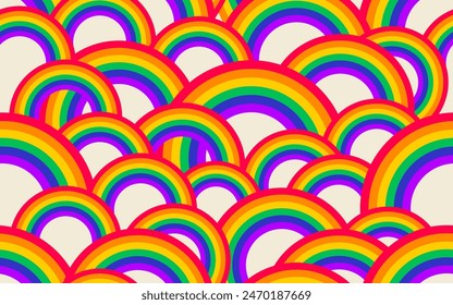 Seamless pattern diverse colorful rainbow vector illustration. LGBT issues or diversity spectrum background concept. Multi color rainbows cartoon in funny hand drawn style.