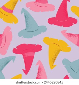 Seamless pattern with diverse colorful Wizard and Witch hats, hand drawn vector illustration with light blue background