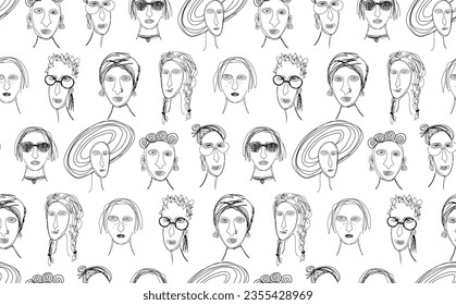 Seamless pattern of diverse female faces outlines on white backdrop. Stencil girl power hand drawn vector doodle background. Women's solidarity illustration.