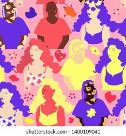 Seamless pattern with diverse girls faces. Young women of different races. Flat style vector illustration. Background for cards, posters, brochures, banners, wallpaper, wrapping paper, textille.