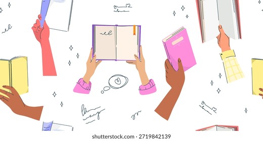 Padrão contínuo de diversas mãos segurando livros em várias posições com rabiscos e elementos de escrita, ilustração vetorial para projetos educacionais, papel de embrulho, papéis de parede, plataformas de aprendizagem