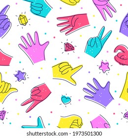 Seamless pattern with Diverse Hands. Illustration in doodle style. Designation of  hands, gestures isolated on white. Flat design. Hand drawn trendy Vector illustration.