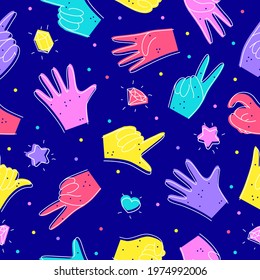 Seamless pattern with Diverse Hands. Illustration in doodle style. Designation of numbers with hands, gestures. Flat design. Hand drawn trendy Vector. For printing on fabrics, wallpapers, covers