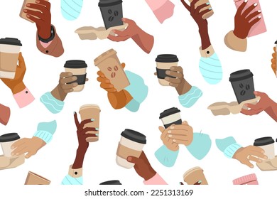 Seamless pattern. Diverse Hands of multicultural people holding Coffee cups. Concept of Coffee to go. Vector cartoon illustration.