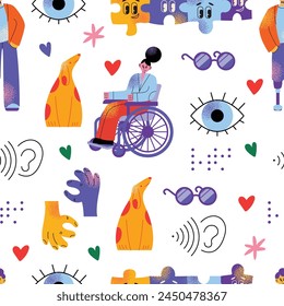 seamless pattern diverse happy smiling disabled people and guide dog, eye, puzzle, sign language, braille with an assortment of different handicaps , vector illustration isolated on a white background