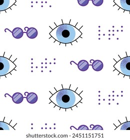 seamless pattern diverse happy smiling disabled people and guide dog, eye, puzzle, sign language, braille with an assortment of different handicaps , vector illustration isolated on a white background