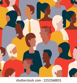 Seamless pattern of diverse interracial group of people standing together. Stop racism concept. Black lives matter. Diversity of religions. Protesting people. Сrowd of people with faces in profile