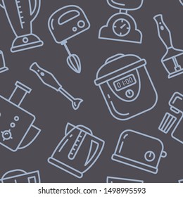 Seamless pattern with diverse kitchen appliances in linear style on dark background. Suitable for wallpaper, wrapping or textile