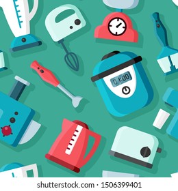 Seamless pattern with diverse kitchen appliances in flat style. Suitable for wallpaper, wrapping or textile