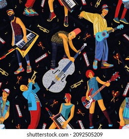 Seamless pattern with diverse modern musicians