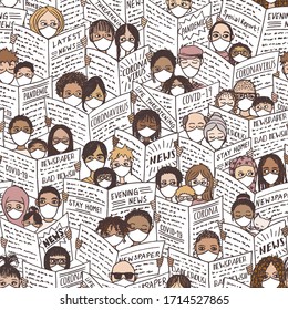 Seamless pattern with diverse people, adults and children, reading newspapers about the coronavirus pandemic, wearing face masks