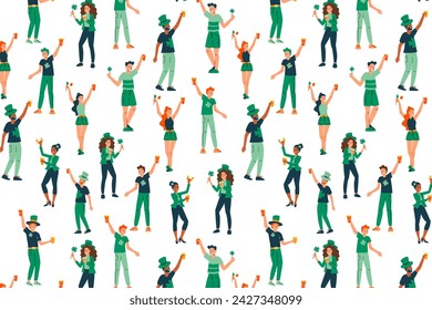Seamless pattern of diverse people celebrating St. Patrick's Day. White backdrop with characters in green clothing, holding beers and shamrocks. St. Patrick's Day concept for textile and wrapping.