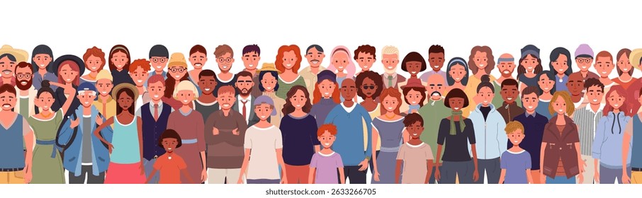 Seamless pattern of diverse people. Children, teens, adults, and seniors standing together. Vector illustration