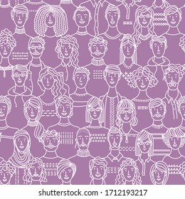 Seamless pattern of diverse people group. Linear crowd boundless background with various men and women. Social community vector outline illustration. Black and whit. Seamless pattern of diverse people