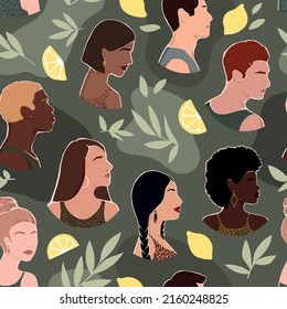 Seamless pattern of diverse people, leaves and lemons on military background. An unusual pattern is suitable for the most interesting ideas.