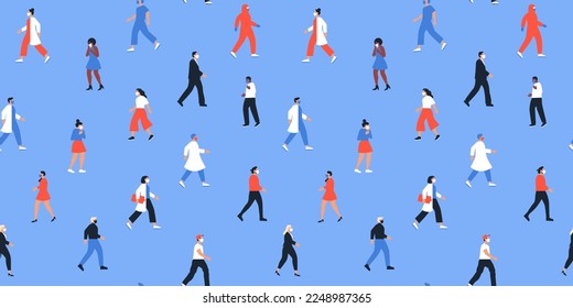 Seamless pattern of diverse people, nurse, doctor workers wearing face mask for corona virus disease outbreak protection. Healthy and sick person group background, covid-19 medical concept wallpaper.