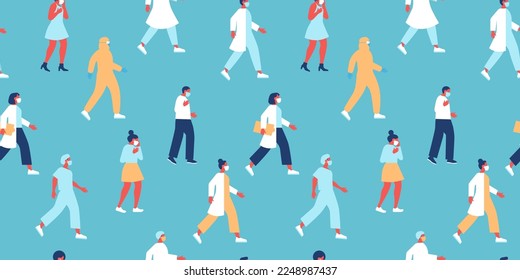 Seamless pattern of diverse people, nurse, doctor workers wearing face mask for corona virus disease outbreak protection. Healthy and sick person group background, covid-19 medical concept wallpaper.