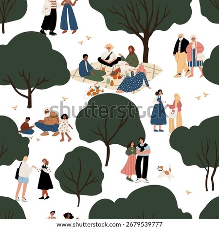 seamless pattern with diverse people in park — seniors, couples, children, picnic group, dog, trees, birds, summer outdoor scene with multicultural interaction. Flat vector illustration.
