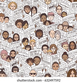 Seamless pattern of diverse people with shocked and sad faces, reading newspapers about the elections