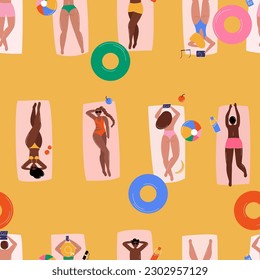 Seamless pattern with diverse people sunbathing at beach. Men and women in bikini lying on towels, with inflatable swimming rings, relax. Top view. Vector illustration