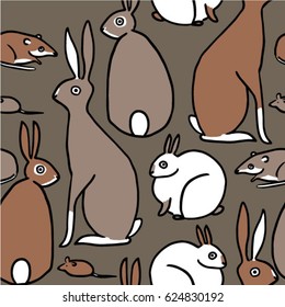 seamless pattern of diverse rabbits, hares and other rodents and wildlife