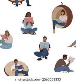 Seamless pattern with diverse reading people. A modern print with book readers.