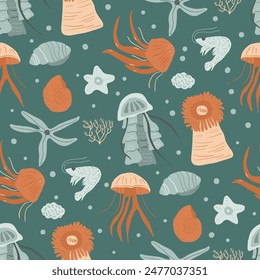 Seamless pattern with diverse sea life including various jellyfish, sea stars, and coral seamless pattern. endless background. Vector hand drawn flat illustration.