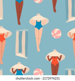 Seamless pattern with diverse women with big straw hats, swimsuits, balls and beach towels. Diversity equality concept. Summer vector background