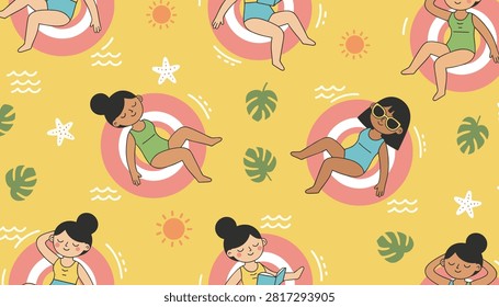 Seamless pattern of diverse women relaxing on pink inflatable rings in a yellow swimming pool with tropical leaves.