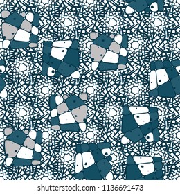 A seamless pattern from the divided into smoothed multi-colored fragments of quadrangles. The painting lies on the background of a texture consisting of overlapping seven-pointed stars.