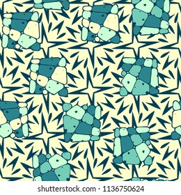 A seamless pattern from the divided into smoothed multi-colored fragments of quadrangles. The picture lies on the background of a texture consisting of exploding four-beam stars.