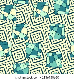 A seamless pattern from the divided into smoothed multi-colored fragments of quadrangles. The picture lies on the background of a texture consisting of inclined concentric squares.