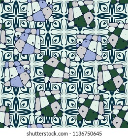 A seamless pattern from the divided into smoothed multi-colored fragments of quadrangles. The painting lies on the background of an elegant texture consisting of four-sided fantastic flowers.
