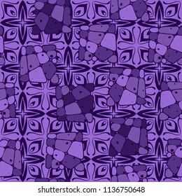 A seamless pattern from the divided into smoothed multi-colored fragments of quadrangles. The painting lies on the background of an elegant texture consisting of four-sided fantastic flowers.