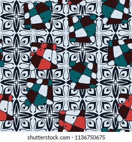 A seamless pattern from the divided into smoothed multi-colored fragments of quadrangles. The painting lies on the background of an elegant texture consisting of four-sided fantastic flowers.