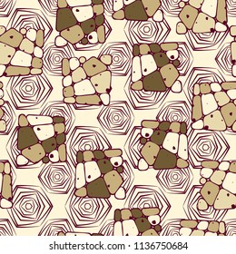 A seamless pattern from the divided into smoothed multi-colored fragments of quadrangles. The picture lies on the background of angular tangles with three-sided symmetry.