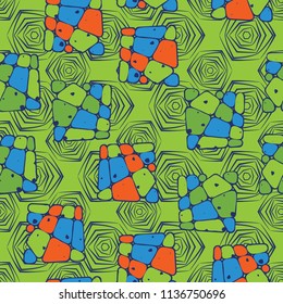 A seamless pattern from the divided into smoothed multi-colored fragments of quadrangles. The picture lies on the background of angular tangles with three-sided symmetry.