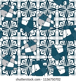 A seamless pattern from the divided into smoothed multi-colored fragments of quadrangles. The painting lies on the background of an elegant texture consisting of four-sided fantastic flowers.