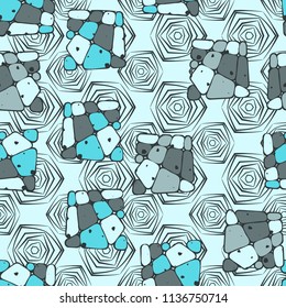 A seamless pattern from the divided into smoothed multi-colored fragments of quadrangles. The picture lies on the background of angular tangles with three-sided symmetry.